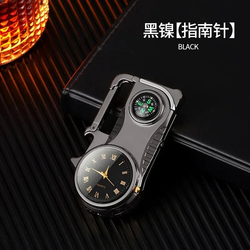 Outdoor Compass Keychain Inflatable Windproof Lighter Multi-function Watch Bottle Opener Red Flame Butane Lighters Survival Tool